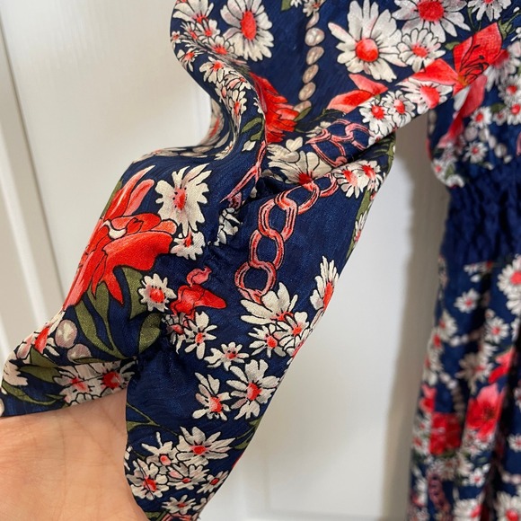 Diane Freis Vintage 80's Dress Navy Floral Long Sleeve Midi Retro Belted M / L - Picture 4 of 5